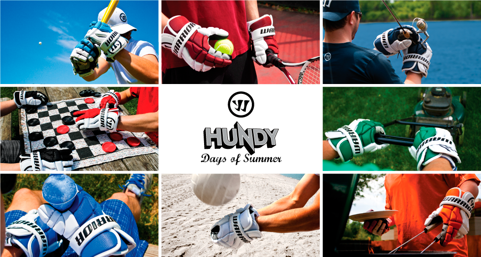 Grid-style ad featuring Warrior hockey gloves used across summer activities like tennis, fishing, grilling, and yard work