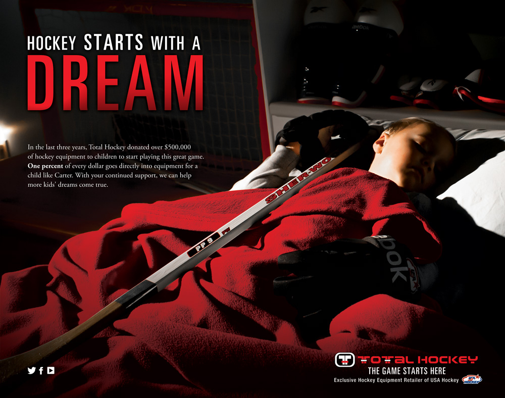 Hockey ad showing a child sleeping with hockey gear and stick with the message “Hockey Starts With a Dream”
