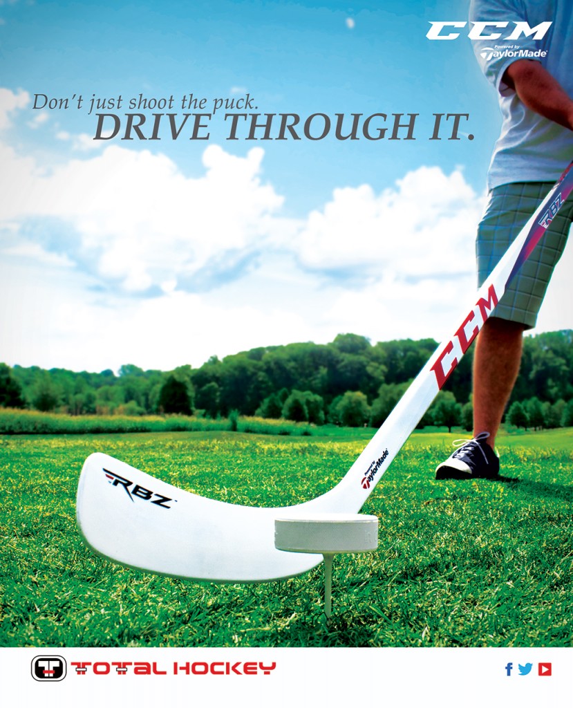 Hockey stick styled like a golf club hitting a puck on a tee in a golf course setting for a TaylorMade RBZ ad
