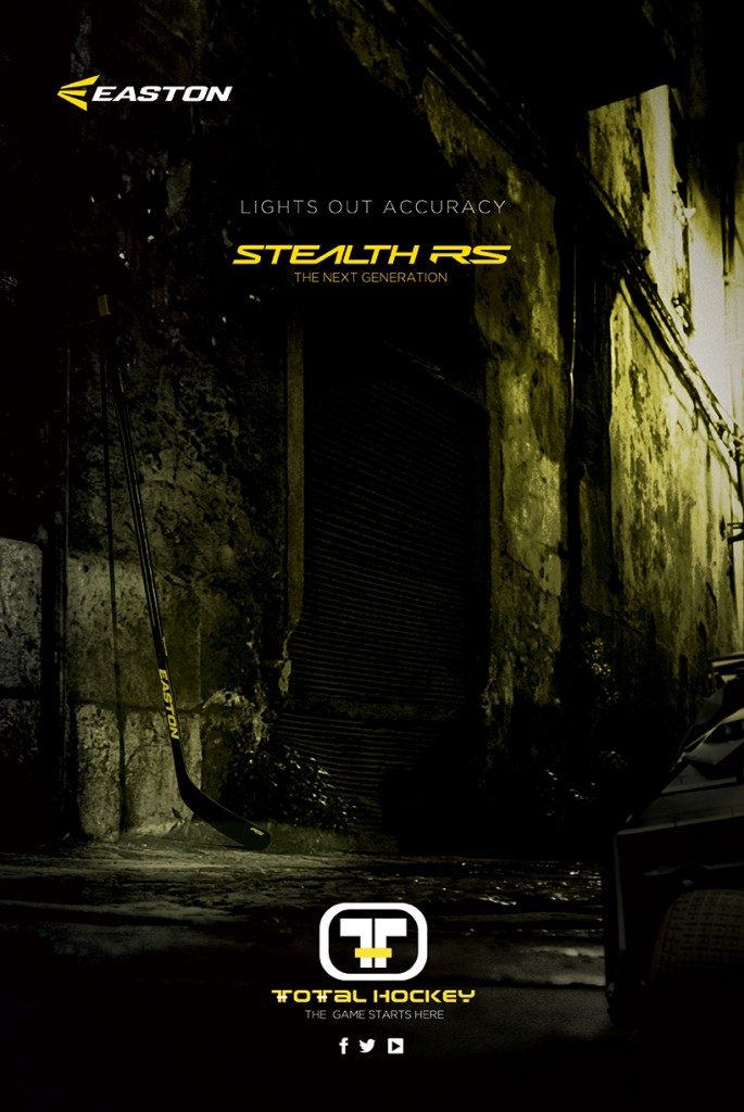 Easton Stealth RS II hockey ad featuring a hockey stick in a dark alley with dramatic lighting and bold typography