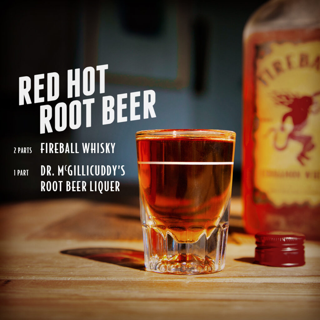 Fireball Whisky social media post featuring Red Hot Root Beer cocktail recipe with shot glass and ingredients listed