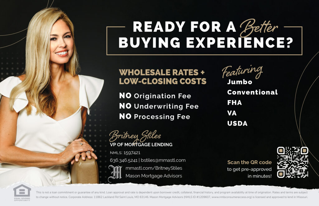 Mortgage print ad design for Britney Stiles promoting low rates, no fees, and QR code pre-approval