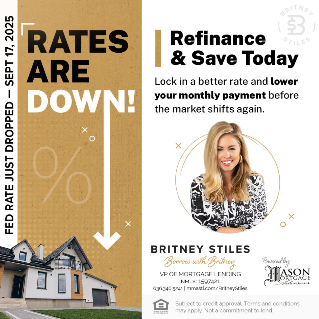 Social media ad design for Britney Stiles mortgage refinancing promotion with “Rates Are Down” message