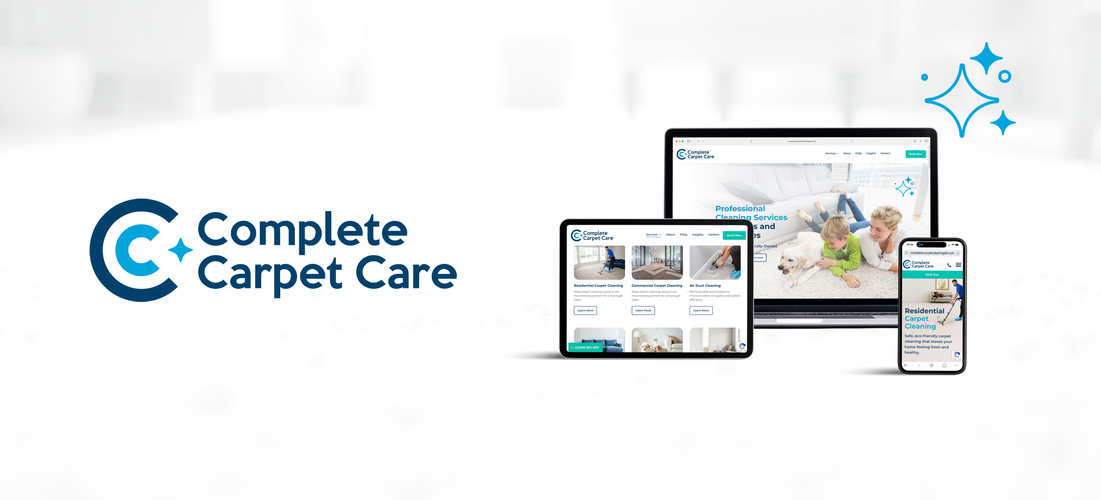 Complete Carpet Care logo and website mockup displayed on laptop, tablet, and mobile devices