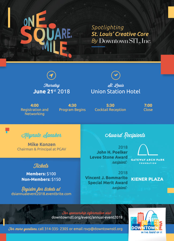 3D event invitation design for Downtown STL with layered sections that pop out when viewed with 3D glasses