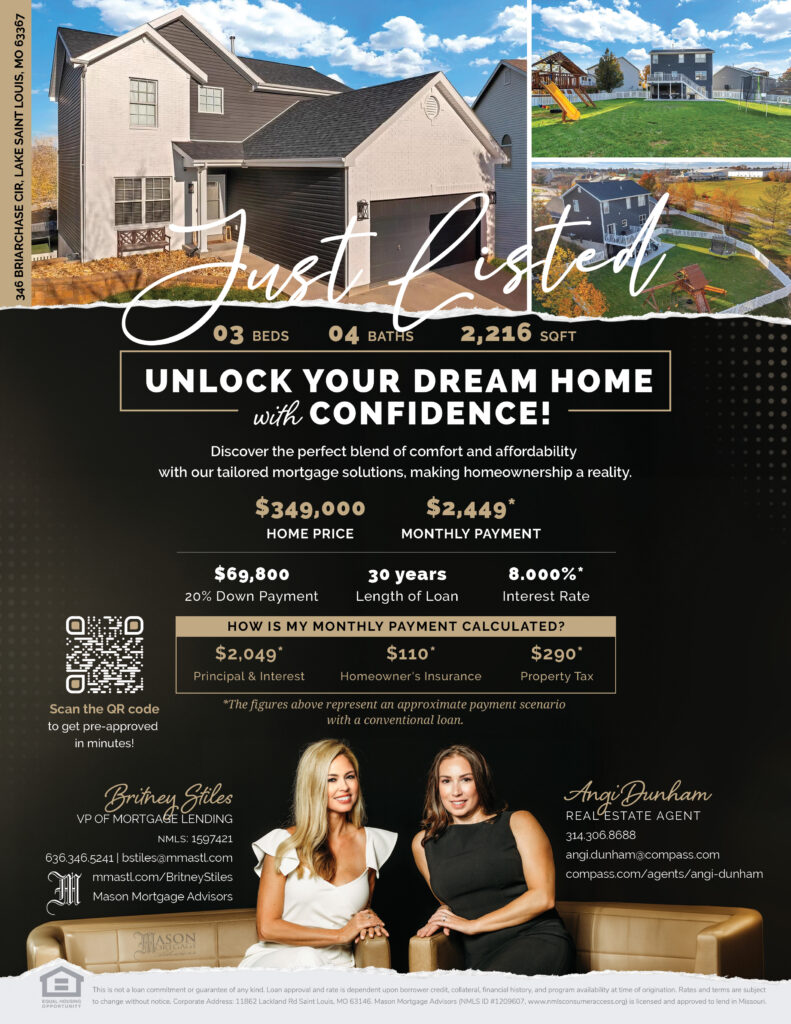 Real estate listing flyer design for home in Lake Saint Louis featuring property details, pricing, and mortgage information