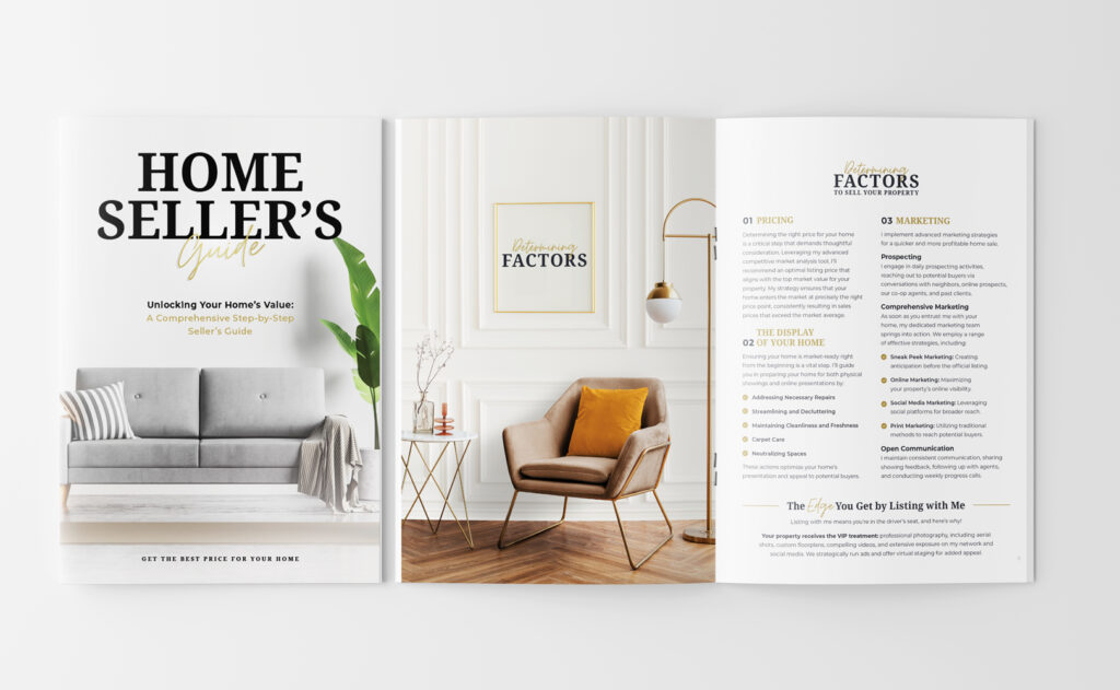 Home seller’s guide booklet design for real estate agent marketing with cover and interior layout
