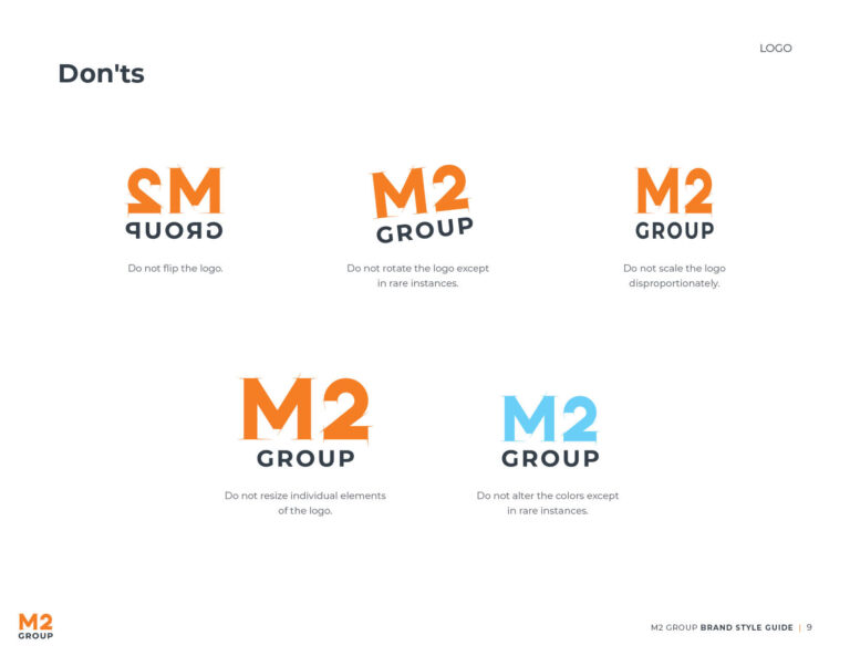 M2 Group logo usage don’ts with incorrect logo applications.