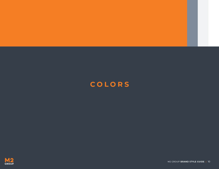M2 Group brand style guide colors section divider page.