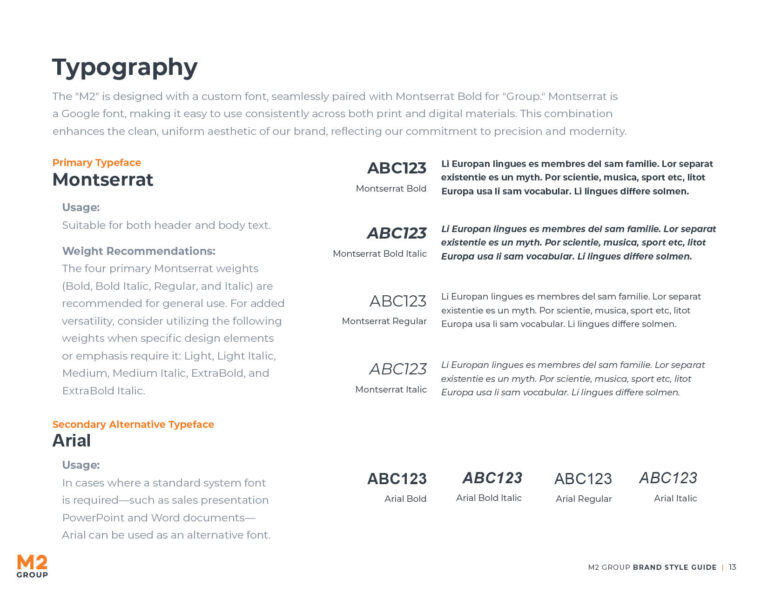 M2 Group typography guidelines page with brand fonts and usage rules.