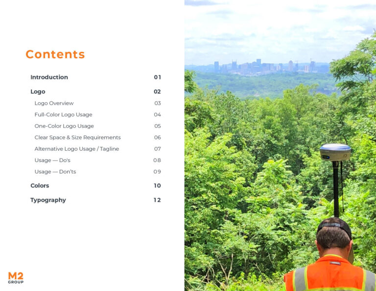 M2 Group brand style guide table of contents page.