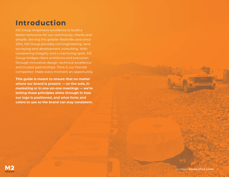 M2 Group brand style guide introduction page with mission statement.