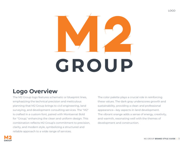 M2 Group logo overview page describing design elements and color palette.