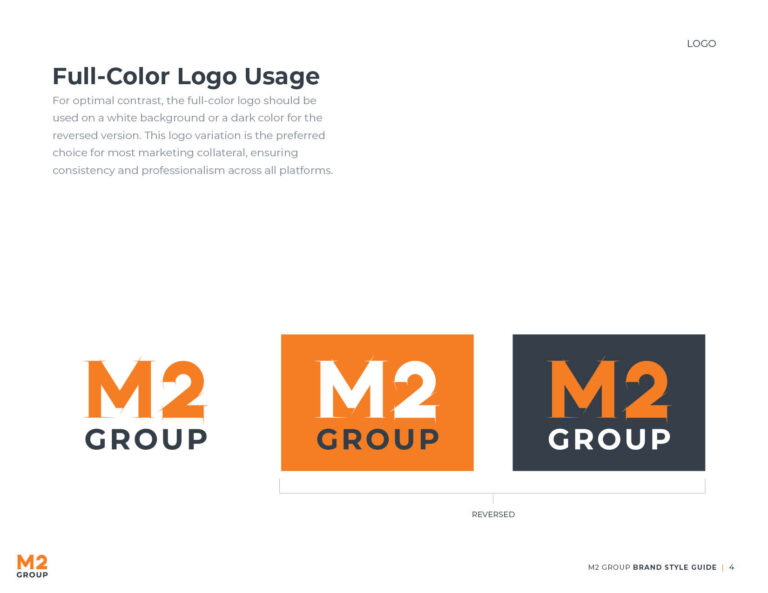 M2 Group full-color logo usage guidelines with reversed versions.