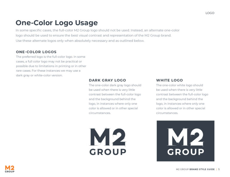 M2 Group one-color logo usage examples in gray and white.