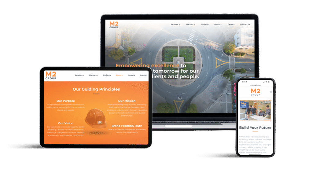M2 Group branding and website redesign mockups on laptop, tablet, and mobile devices.