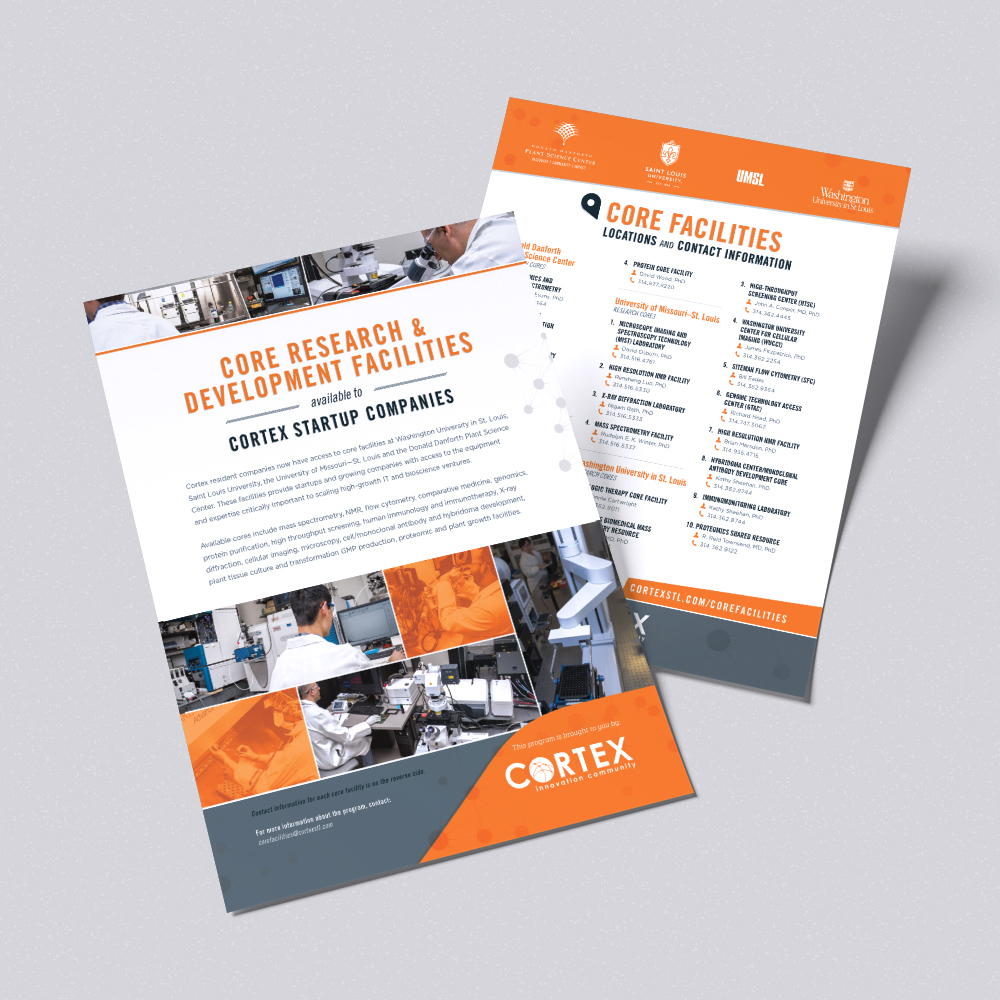 One-page flyer design with photography for Cortex Innovation District showcasing research and development facilities