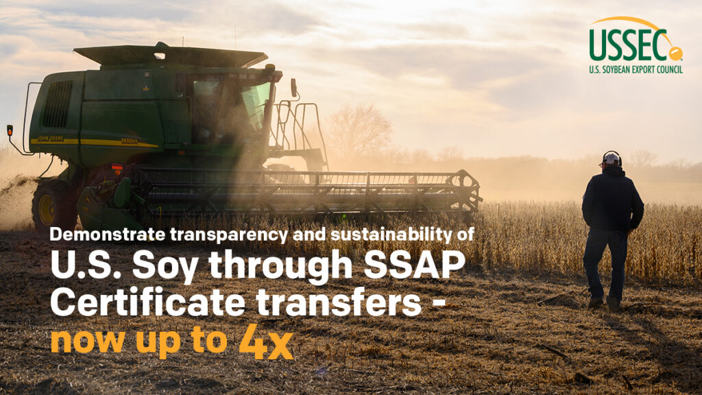 Social media graphic showing a soybean harvest with messaging about U.S. soy sustainability and SSAP certificate transfers increasing up to four times