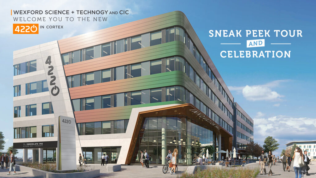 Rendering of 4220 Cortex building with event text promoting a sneak peek tour and celebration